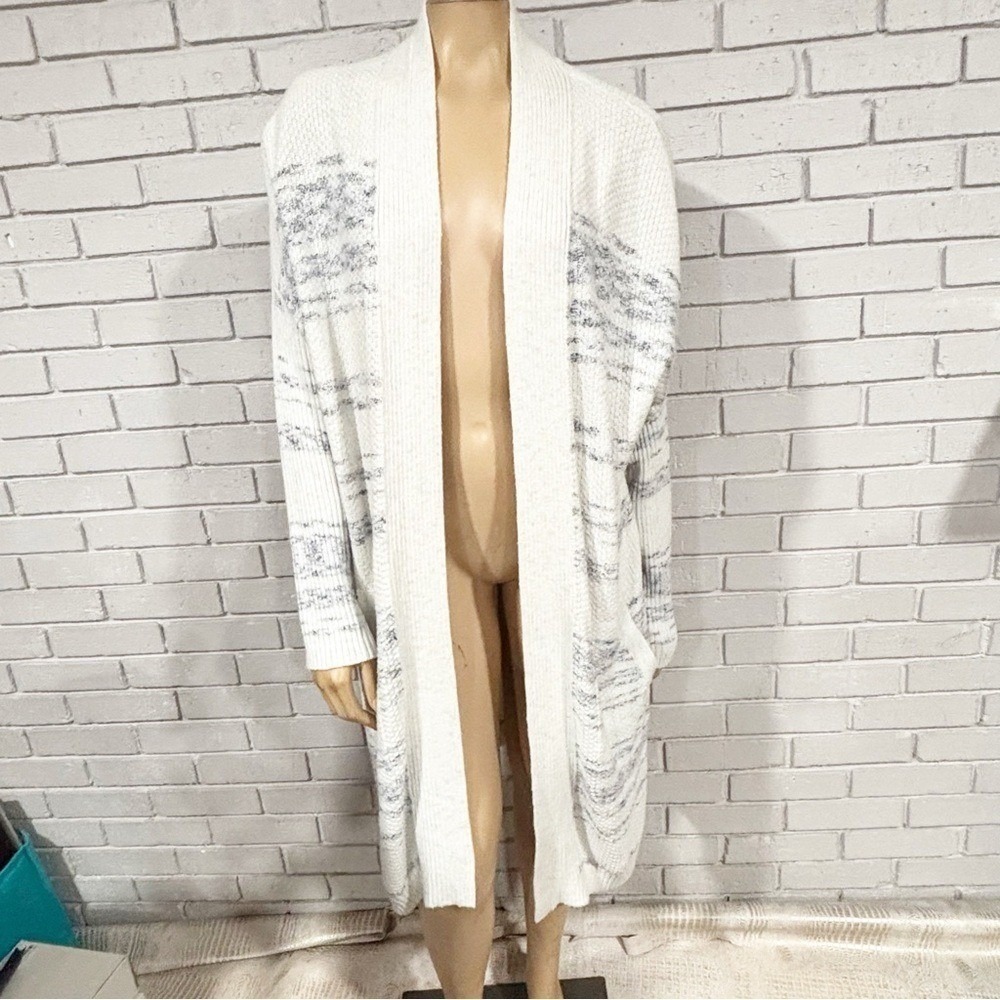 Pure Jill Longline Open Front Cardigan Sweater White Blue Marled Stripe Coastal